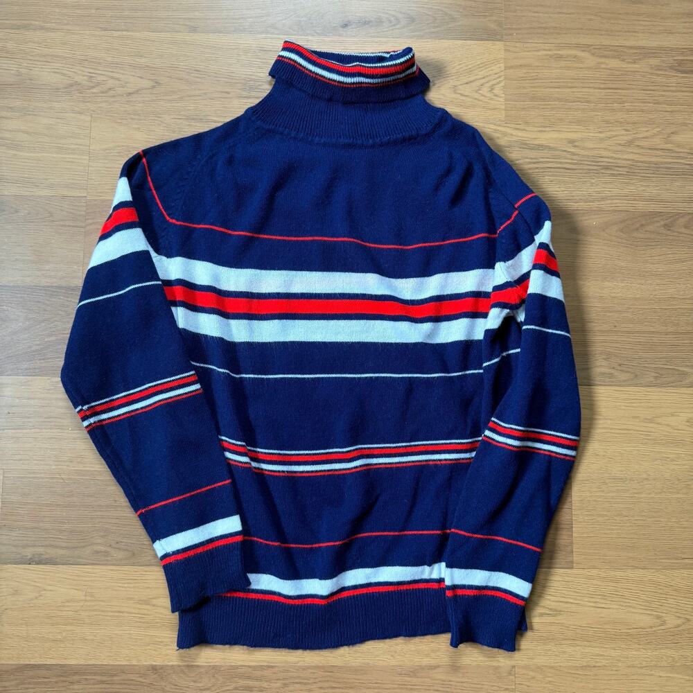 Women's Vintage 80's Weaters Blue Red Striped Turtleneck Pullover Sweater Sz S